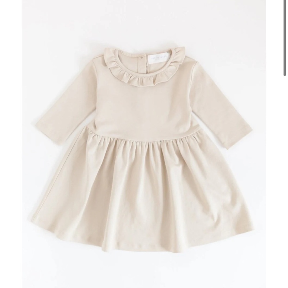Petite Moss Cream Kids Dress with Ruffle Neckline